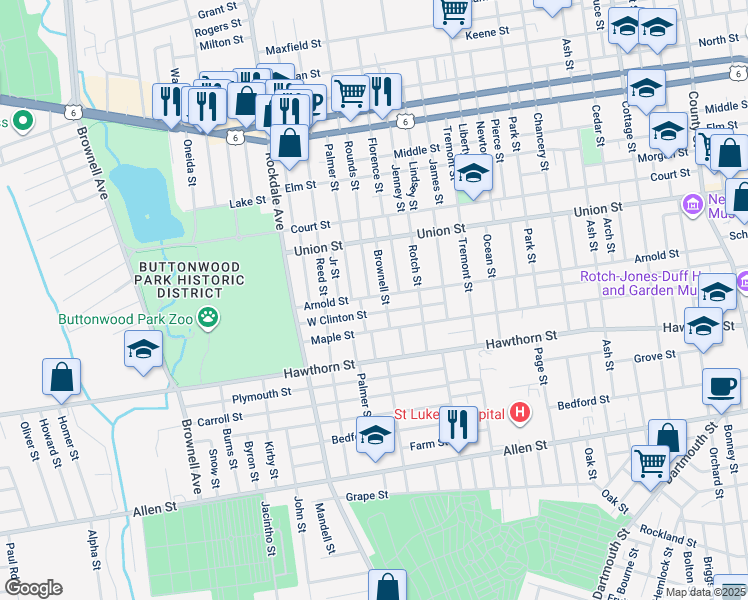 map of restaurants, bars, coffee shops, grocery stores, and more near 200 Brownell Street in New Bedford