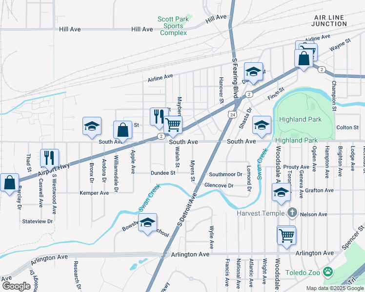 map of restaurants, bars, coffee shops, grocery stores, and more near 2110 South Avenue in Toledo