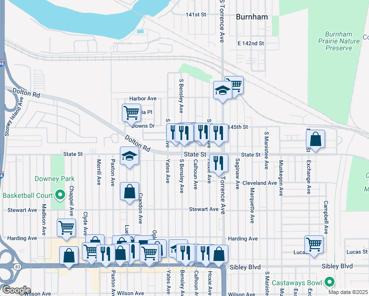 map of restaurants, bars, coffee shops, grocery stores, and more near 14523 South Bensley Avenue in Burnham