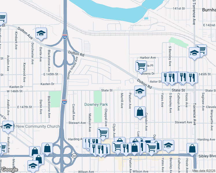 map of restaurants, bars, coffee shops, grocery stores, and more near 53 Jennifer Lane in Calumet City