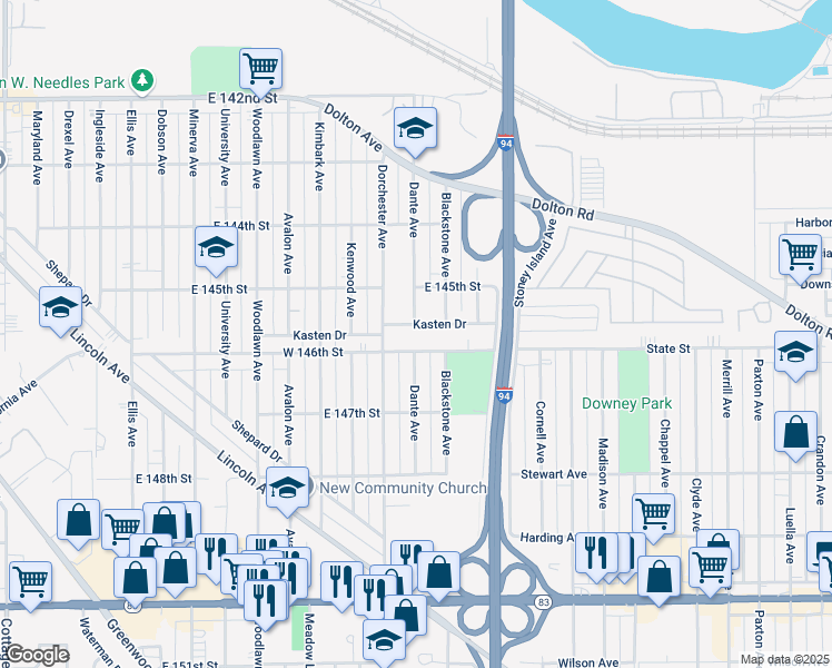 map of restaurants, bars, coffee shops, grocery stores, and more near 14517 Dante Avenue in Dolton