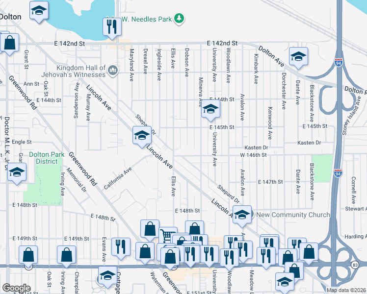 map of restaurants, bars, coffee shops, grocery stores, and more near 14519 Ellis Avenue in Dolton