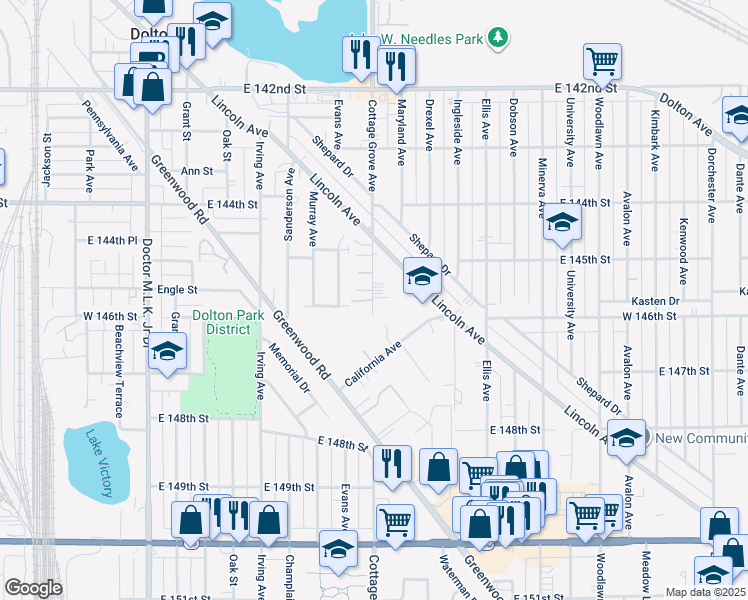 map of restaurants, bars, coffee shops, grocery stores, and more near 14516 Cottage Grove Avenue in Dolton