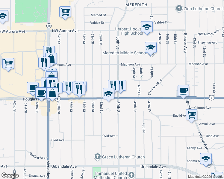 map of restaurants, bars, coffee shops, grocery stores, and more near 3841 51st Street in Des Moines