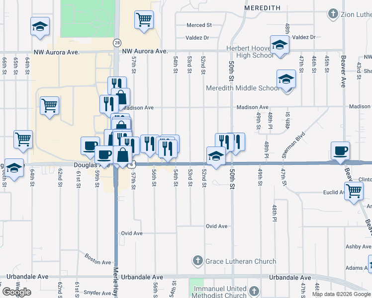 map of restaurants, bars, coffee shops, grocery stores, and more near 3848 53rd Street in Des Moines