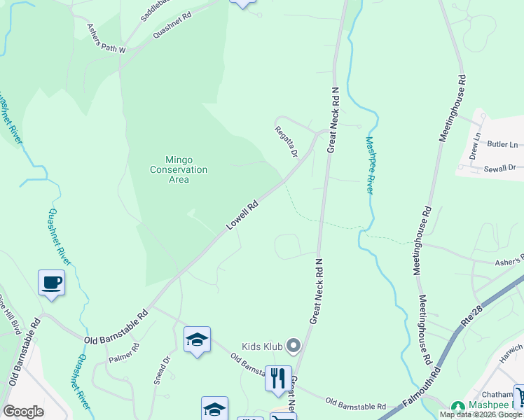 map of restaurants, bars, coffee shops, grocery stores, and more near 70 Lowell Road in Mashpee