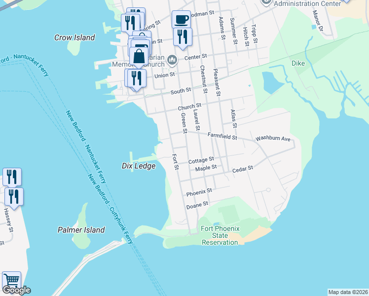 map of restaurants, bars, coffee shops, grocery stores, and more near 43 Green Street in Fairhaven