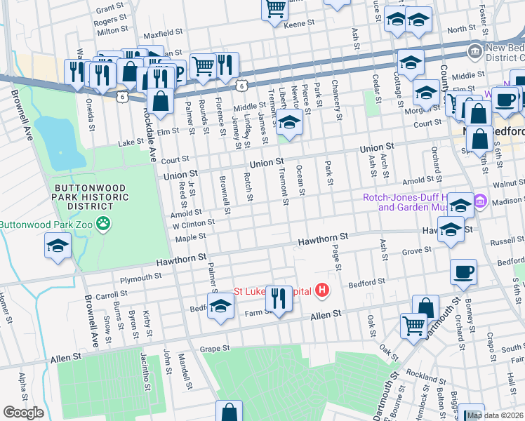 map of restaurants, bars, coffee shops, grocery stores, and more near 321-323 West Clinton Street in New Bedford