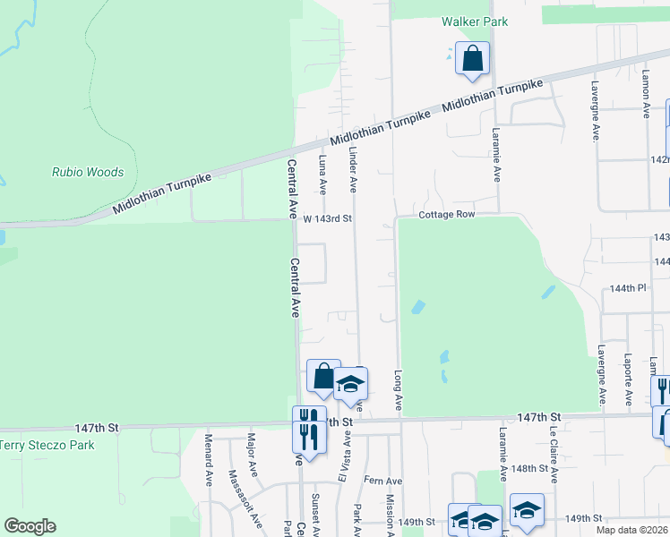 map of restaurants, bars, coffee shops, grocery stores, and more near 14340 Linder Avenue in Midlothian