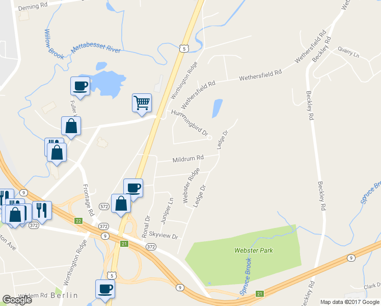 map of restaurants, bars, coffee shops, grocery stores, and more near 77 Mildrum Road in Berlin
