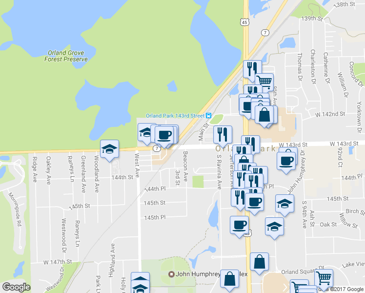 map of restaurants, bars, coffee shops, grocery stores, and more near 9850 West 143rd Street in Orland Park