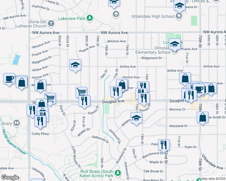 map of restaurants, bars, coffee shops, grocery stores, and more near 7617 Madison Avenue in Urbandale