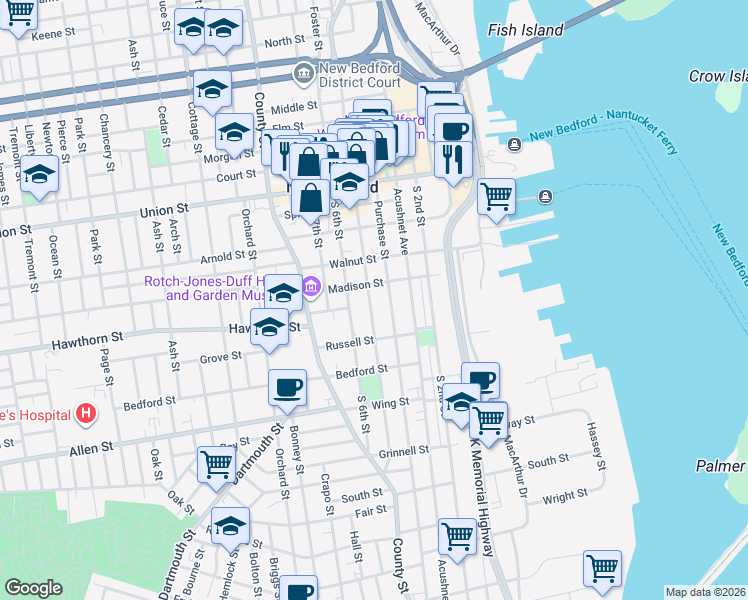 map of restaurants, bars, coffee shops, grocery stores, and more near in New Bedford