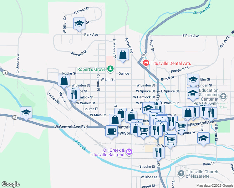 map of restaurants, bars, coffee shops, grocery stores, and more near 320 North Monroe Street in Titusville