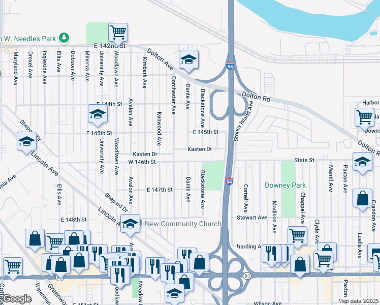 map of restaurants, bars, coffee shops, grocery stores, and more near 14517 Dante Avenue in Dolton