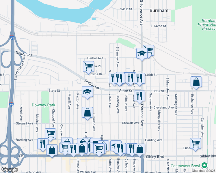 map of restaurants, bars, coffee shops, grocery stores, and more near 244 Yates Avenue in Calumet City