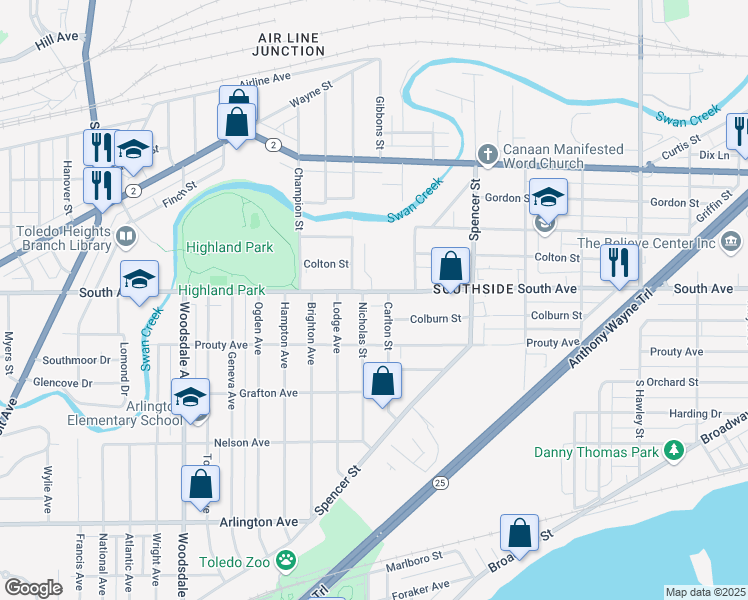 map of restaurants, bars, coffee shops, grocery stores, and more near 1515 Toledo Avenue in Toledo