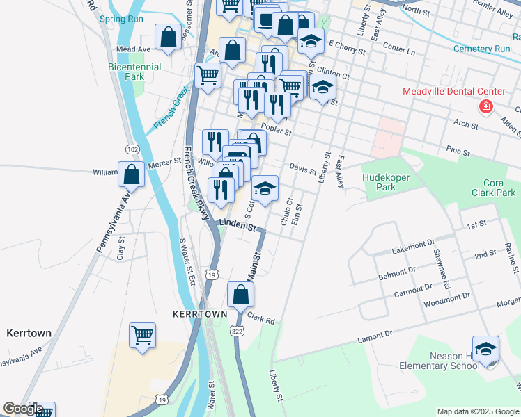 map of restaurants, bars, coffee shops, grocery stores, and more near 1216 South Main Street in Meadville