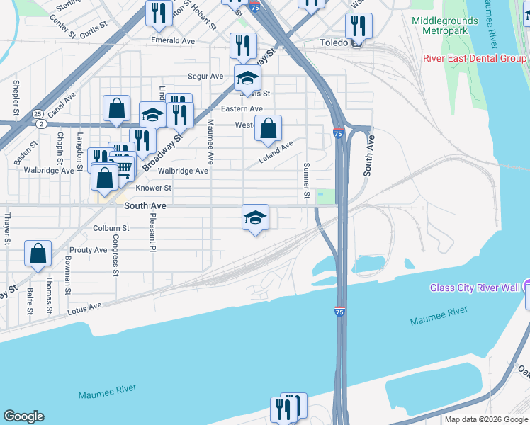 map of restaurants, bars, coffee shops, grocery stores, and more near 322 South Avenue in Toledo