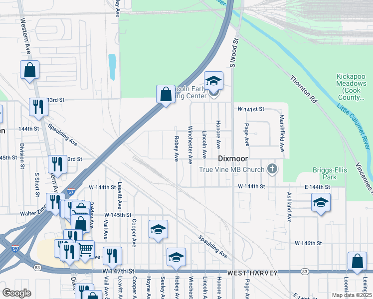 map of restaurants, bars, coffee shops, grocery stores, and more near 14223 Winchester Avenue in Dixmoor