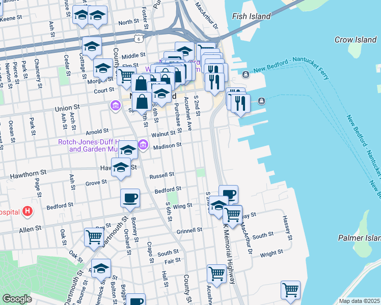 map of restaurants, bars, coffee shops, grocery stores, and more near 232 Acushnet Avenue in New Bedford