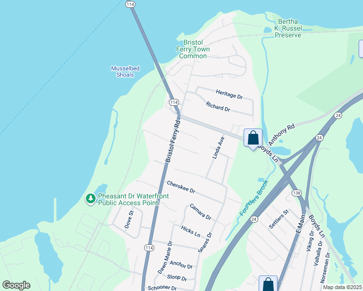 map of restaurants, bars, coffee shops, grocery stores, and more near 33 Shoreline Terrace in Portsmouth