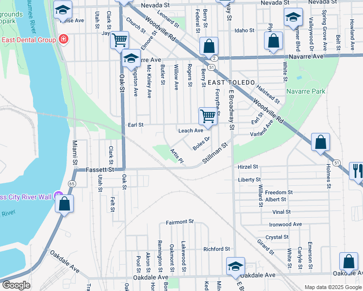 map of restaurants, bars, coffee shops, grocery stores, and more near 606 Earl Street in Toledo