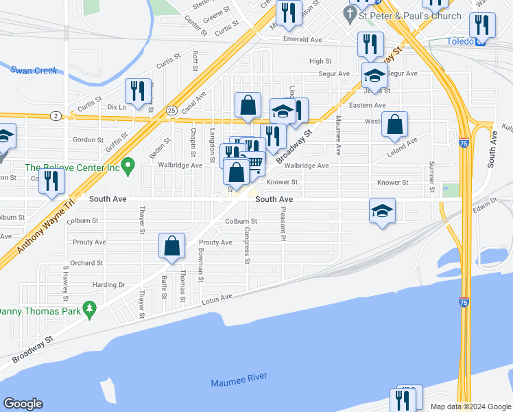 map of restaurants, bars, coffee shops, grocery stores, and more near 1527 Broadway Street in Toledo