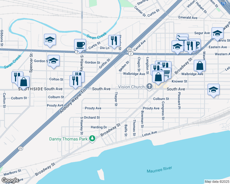 map of restaurants, bars, coffee shops, grocery stores, and more near 438-498 Baden Street in Toledo