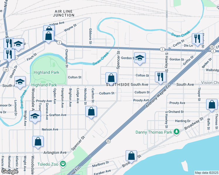 map of restaurants, bars, coffee shops, grocery stores, and more near 1424 South Avenue in Toledo