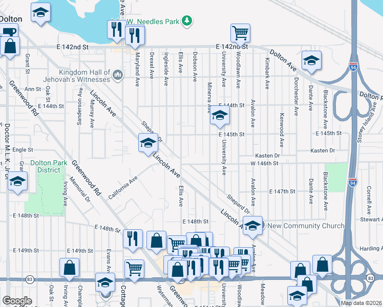 map of restaurants, bars, coffee shops, grocery stores, and more near 14519 Ellis Avenue in Dolton
