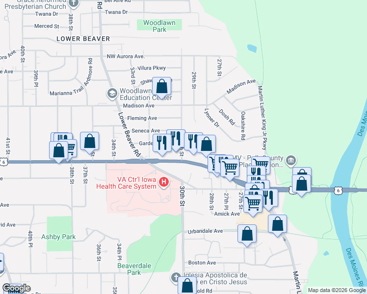 map of restaurants, bars, coffee shops, grocery stores, and more near 2929 Garden Ridge in Des Moines
