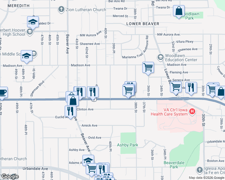 map of restaurants, bars, coffee shops, grocery stores, and more near 3844 40th Street in Des Moines