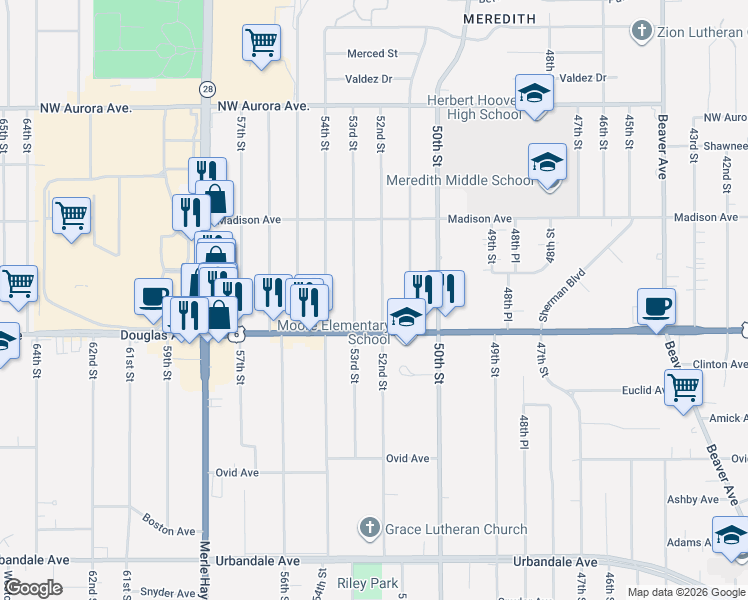 map of restaurants, bars, coffee shops, grocery stores, and more near 3845 52nd Street in Des Moines