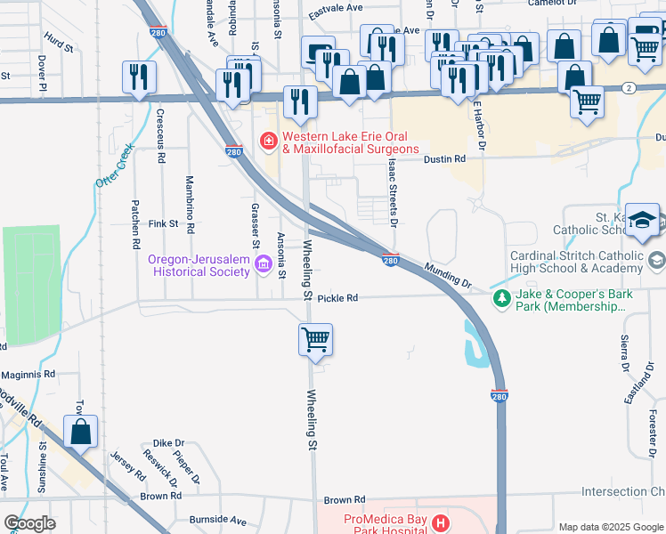 map of restaurants, bars, coffee shops, grocery stores, and more near 1103 South Wheeling Street in Oregon