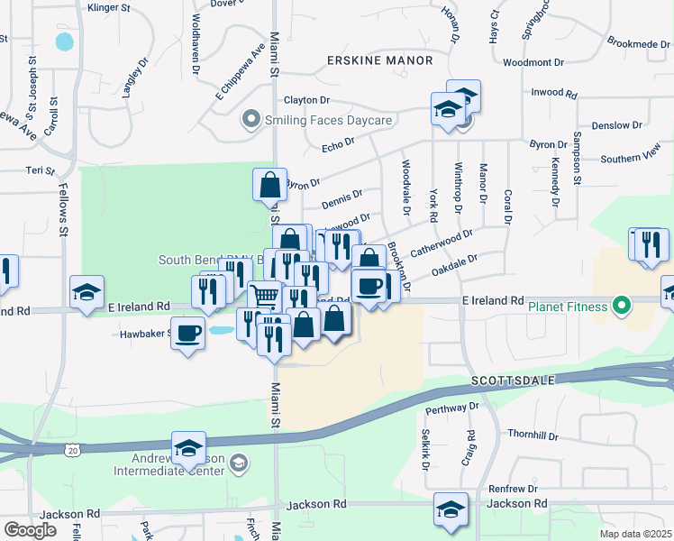 map of restaurants, bars, coffee shops, grocery stores, and more near 1217 East Ireland Road in South Bend