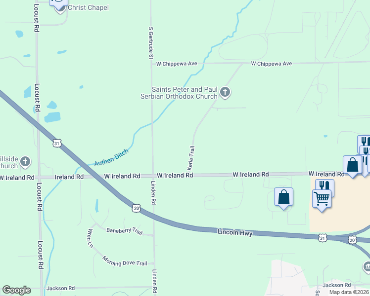 map of restaurants, bars, coffee shops, grocery stores, and more near 59449 Keria Trail in South Bend