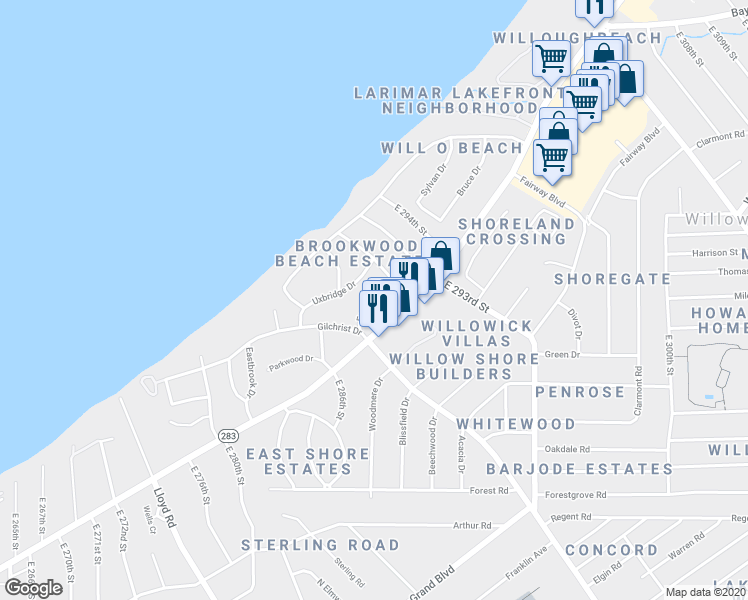 map of restaurants, bars, coffee shops, grocery stores, and more near 28920 Foxboro Street in Willowick