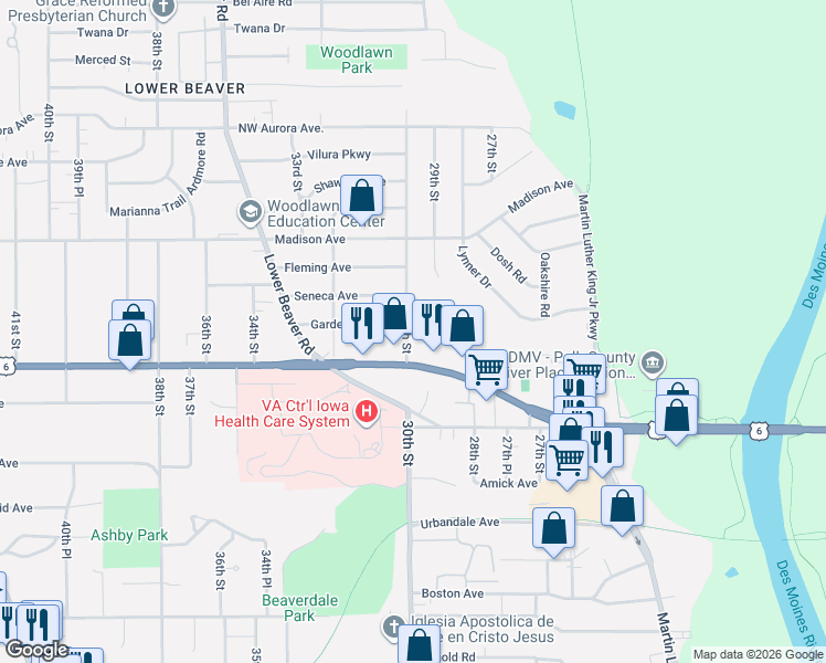 map of restaurants, bars, coffee shops, grocery stores, and more near 2929 Garden Ridge in Des Moines