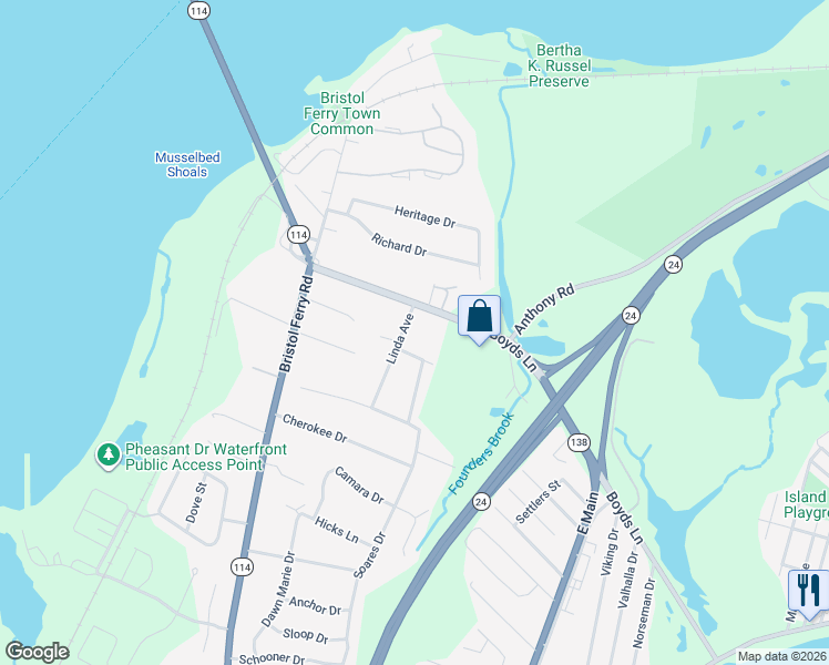 map of restaurants, bars, coffee shops, grocery stores, and more near 11 Linda Avenue in Portsmouth