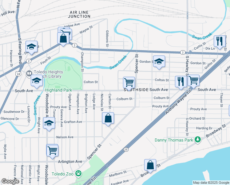 map of restaurants, bars, coffee shops, grocery stores, and more near 457 Wendell Street in Toledo