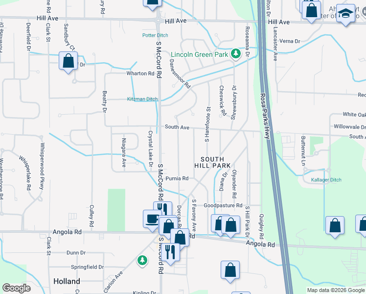 map of restaurants, bars, coffee shops, grocery stores, and more near 533 Dorcas Road in Holland