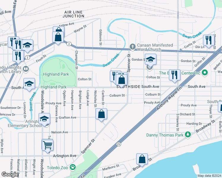 map of restaurants, bars, coffee shops, grocery stores, and more near 1465 South Avenue in Toledo