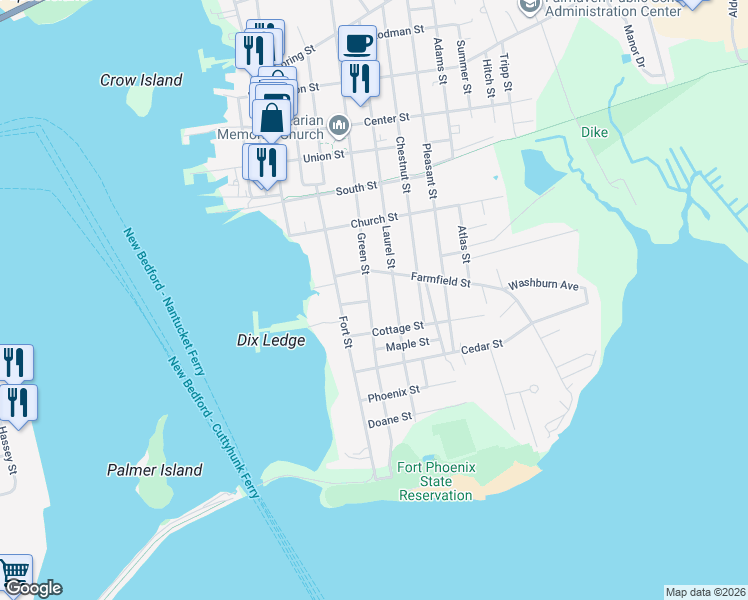 map of restaurants, bars, coffee shops, grocery stores, and more near 43 Green Street in Fairhaven