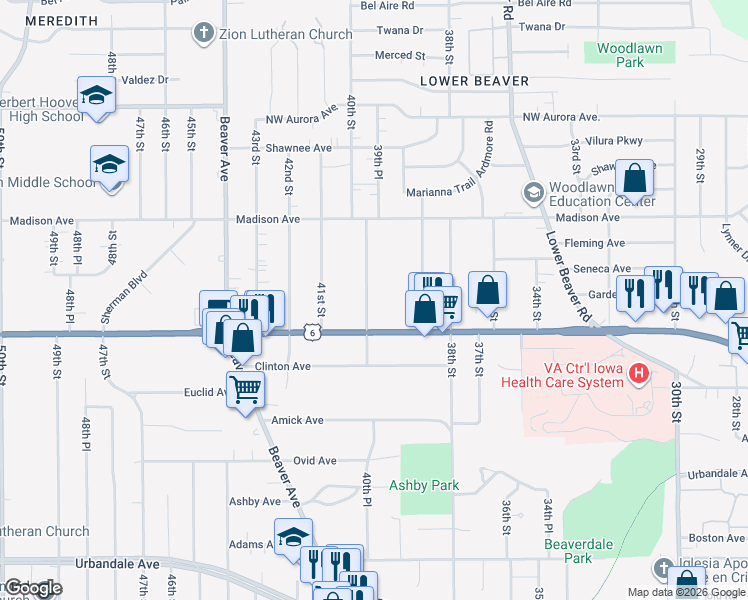 map of restaurants, bars, coffee shops, grocery stores, and more near 3844 40th Street in Des Moines