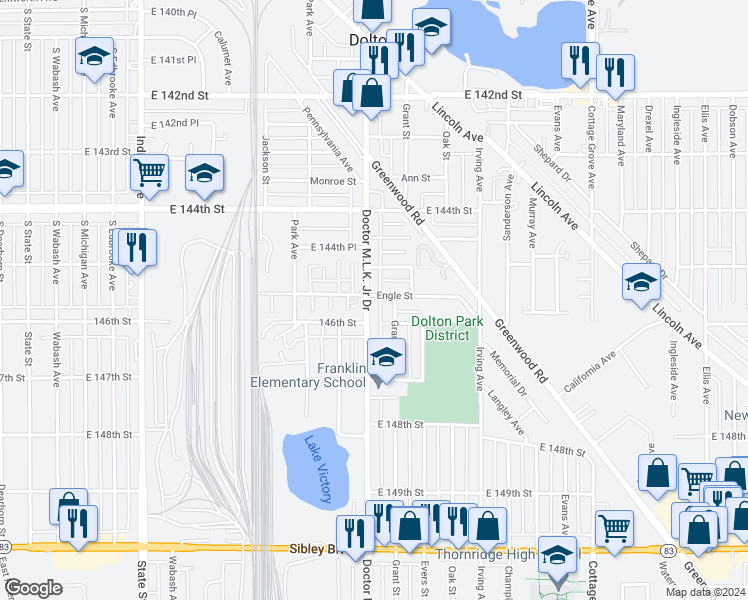 map of restaurants, bars, coffee shops, grocery stores, and more near 14500 Chicago Road in Dolton