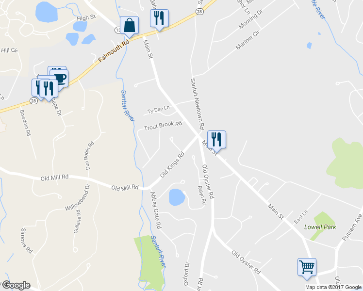 map of restaurants, bars, coffee shops, grocery stores, and more near 40 Old King's Rd in Barnstable