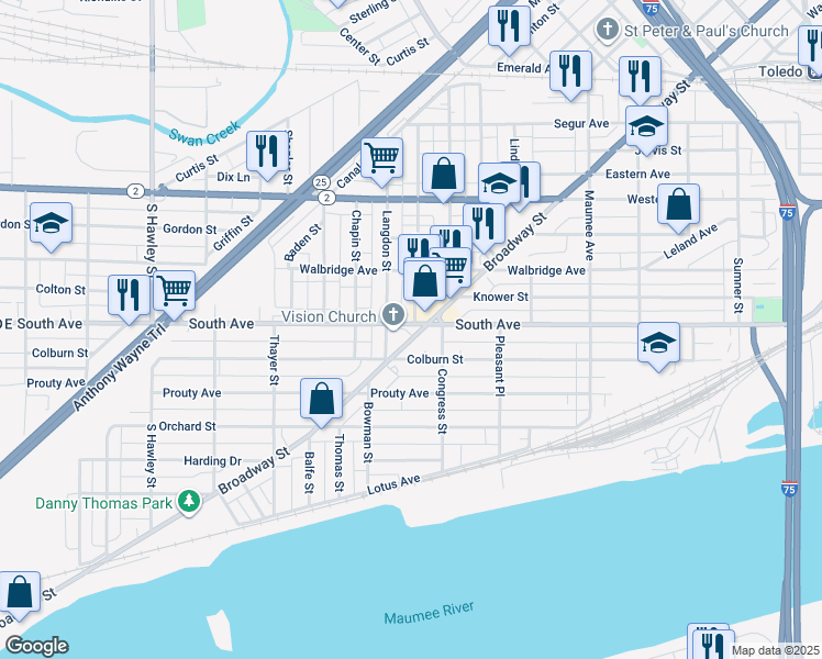 map of restaurants, bars, coffee shops, grocery stores, and more near 1612 Broadway Street in Toledo