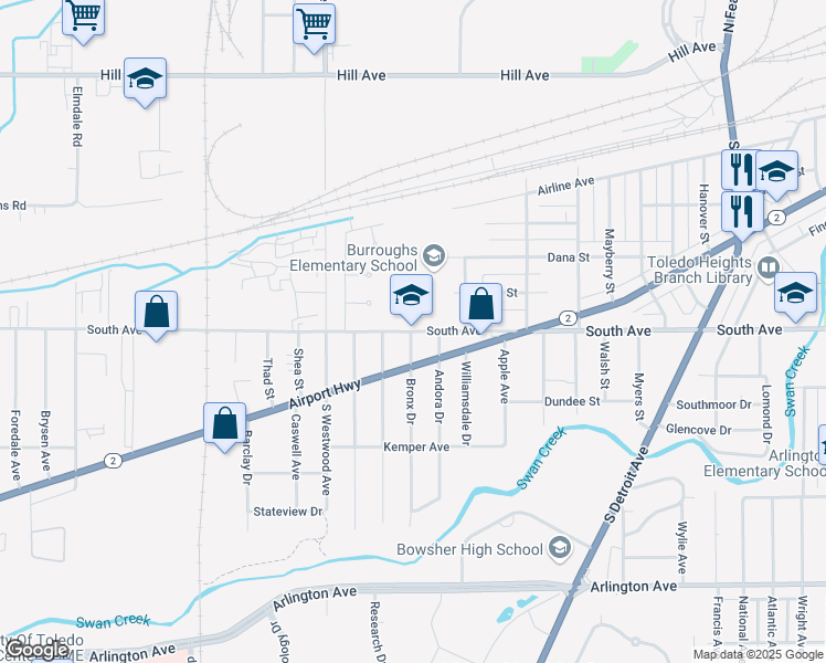 map of restaurants, bars, coffee shops, grocery stores, and more near in Toledo