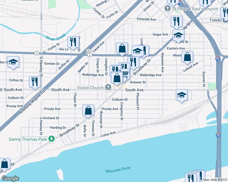 map of restaurants, bars, coffee shops, grocery stores, and more near 1612 Broadway Street in Toledo